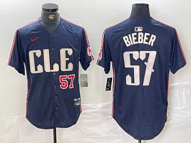 Men%27s Cleveland Guardians #22 Shane Bieber Number Navy 2024 City Connect Limited Stitched Jerseys